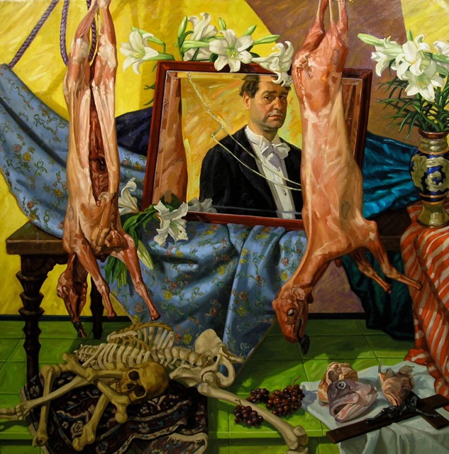 Self-Portrait with Two Carcasses; oil on canvas,182 x 182 cm, 1996
